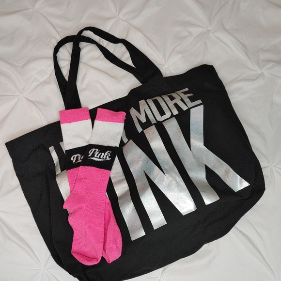 PINK Victoria's Secret Handbags - VICTORIAS SECRET PINK BAG AND SOCKS BUNDLE, BLACK/PINK